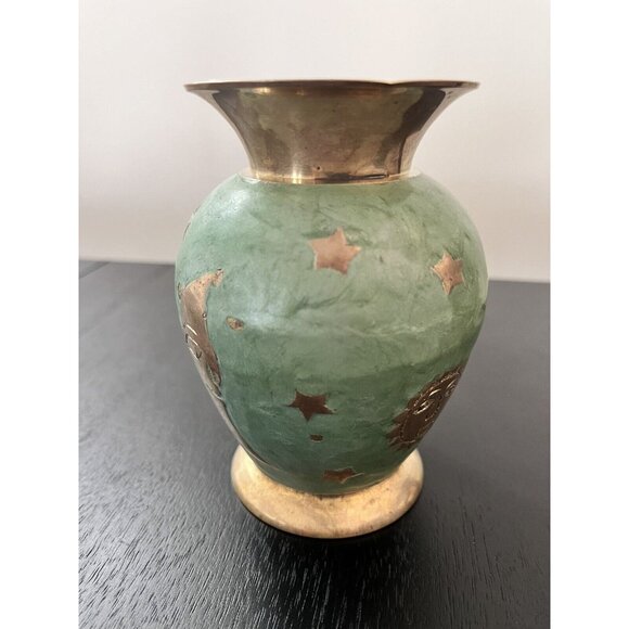 Solid Brass & Green Enamel Vase Celestial Sun Moon Stars Made in India 4-3/4" - Picture 7 of 14